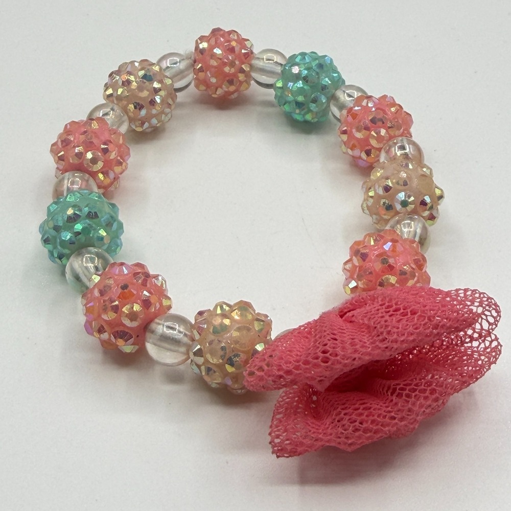Girls Pink Flower Beaded Stretch Bracelet Sparkly Pastel Kids Gift Cute Floral